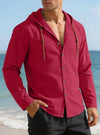 Men's Solid Color Long Sleeve Hooded Drawstring Buttons Shirt