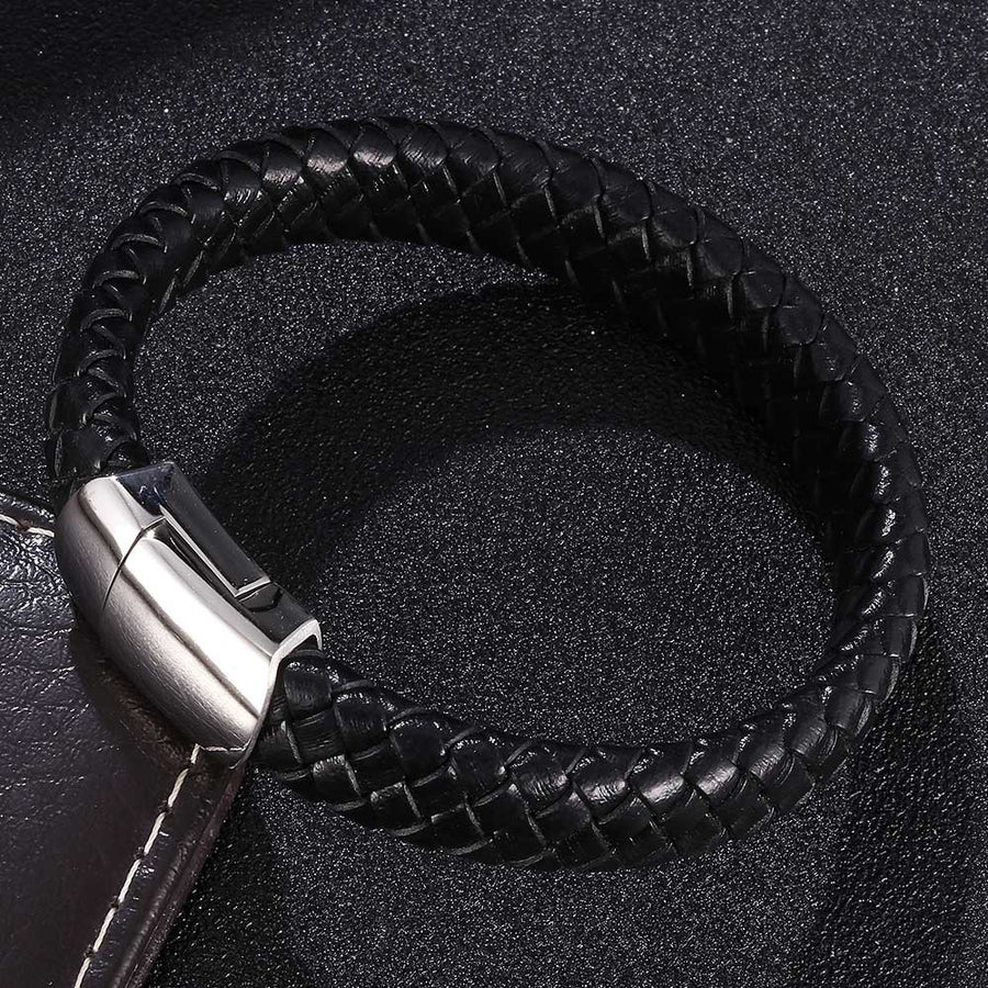 Braided Leather Bracelet with Stainless Steel Clasp