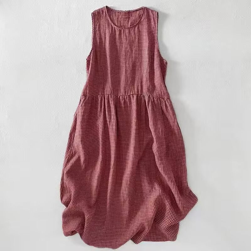 Cotton Linen Plaid Midi Dress Sleeveless Casual