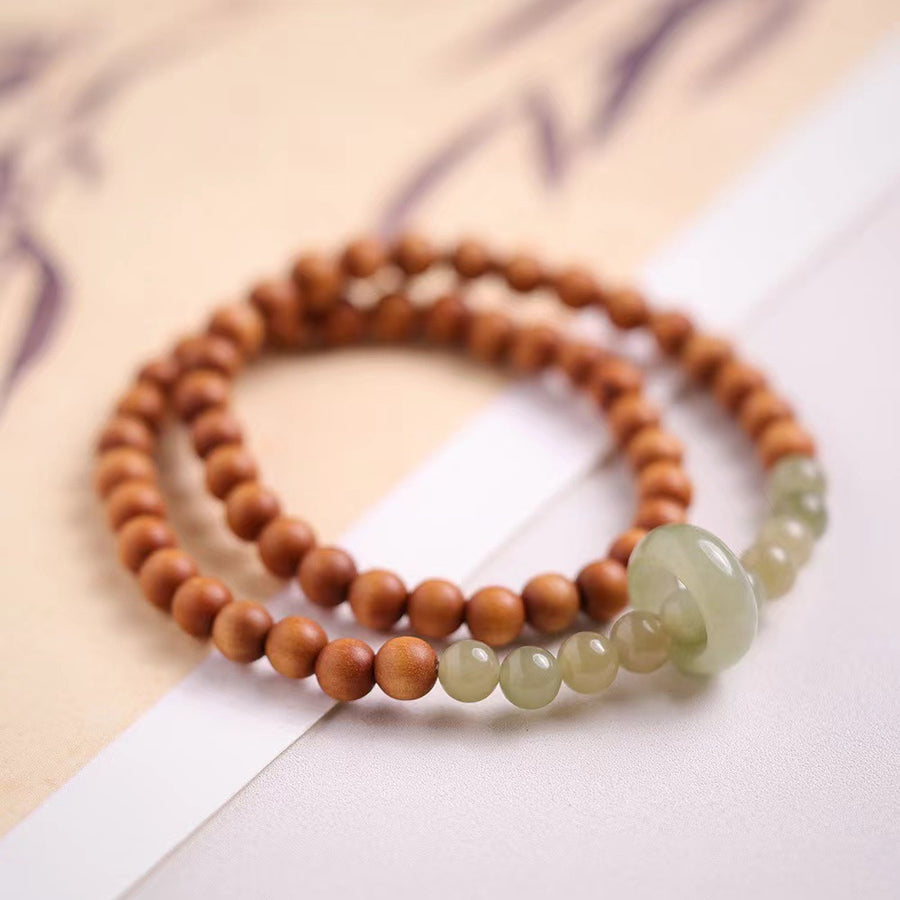 Wood and Green Stone Double Wrap Bracelet