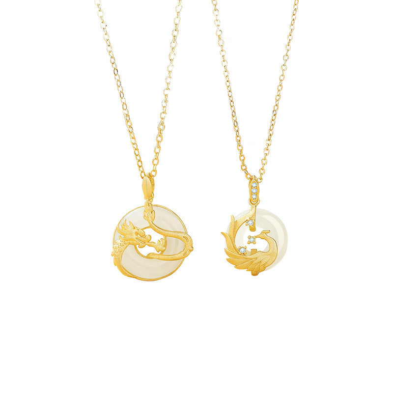 Gold plated sterling silver necklace with dragon and phoenix peace buckle pendant