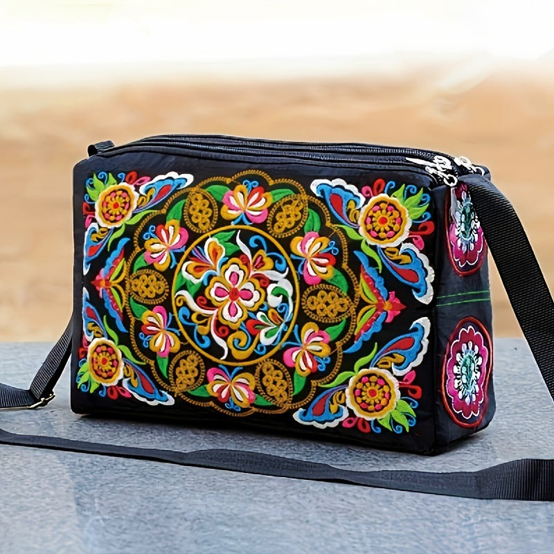 Embroidered Canvas Crossbody Bag, Floral and Peacock Designs