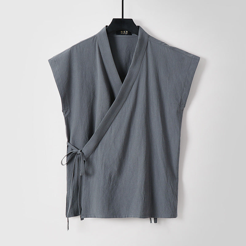 Men's Cotton Linen Vest, Sleeveless V-Neck Wrap Top