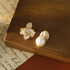Asymmetric Enamel Flower and Pearl Stud Earrings