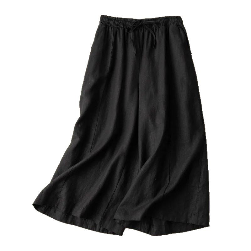 Black wide leg cotton linen cropped pants with elastic waist