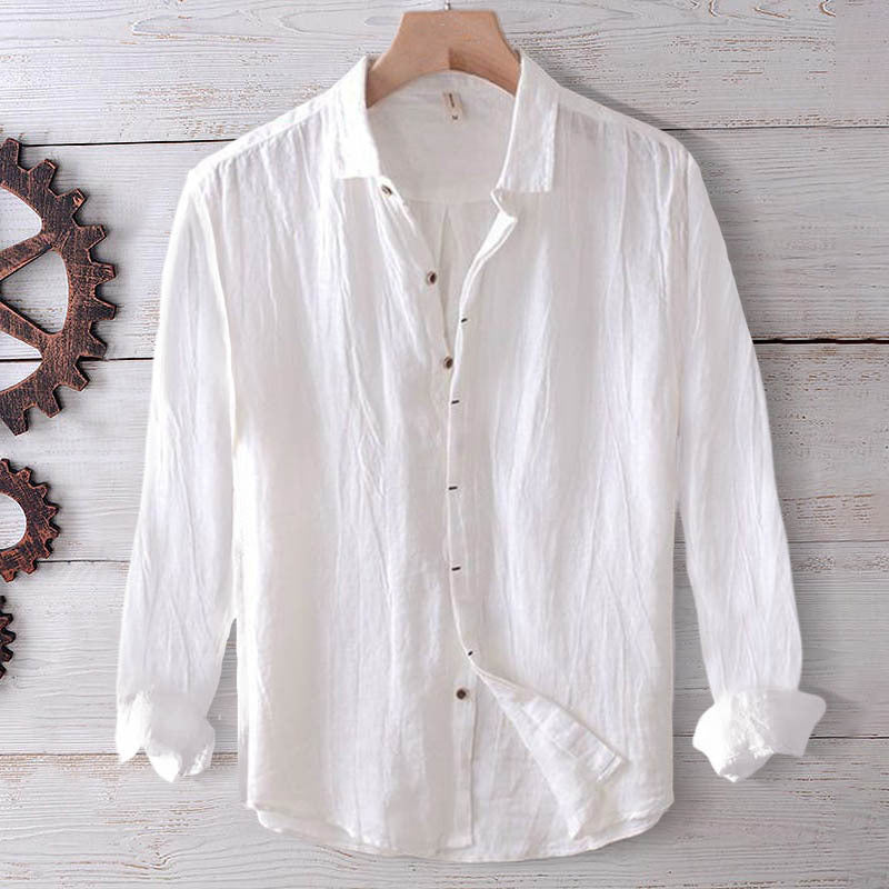 Men's Linen Cotton Long Sleeve Shirt Solid Color Lapel Button Down Top