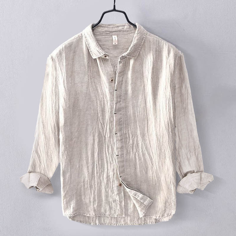 Men's Linen Cotton Long Sleeve Shirt Solid Color Lapel Button Down Top
