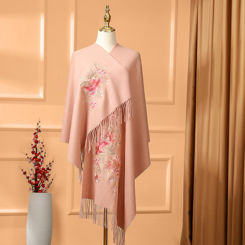 Embroidered Wool Shawl with Tassels, Winter Scarf Wrap