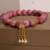 Pink Tourmaline Flower Charm Bracelet with Pearl Tassel