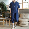 Men's Meditation Cloth Set: Cotton Linen T-Shirt and Wide Leg Shorts