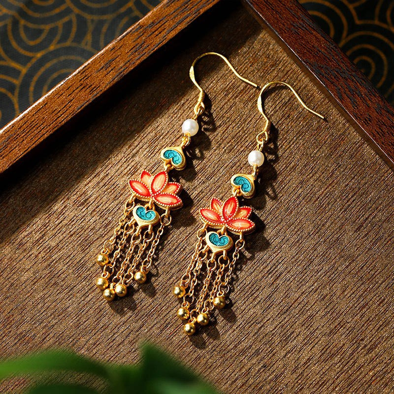 Chinese Enamel Flower Drop Earrings