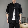 Men's Linen Tang Suit Shirt with Frog Buttons and Crane Print