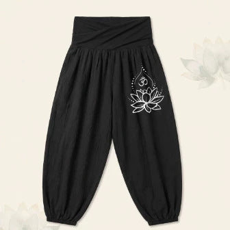 Black harem pants with white lotus and Om symbol print on the leg