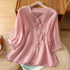 Embroidered Flowers Women's V-neck Shirt, Soft Satin Top