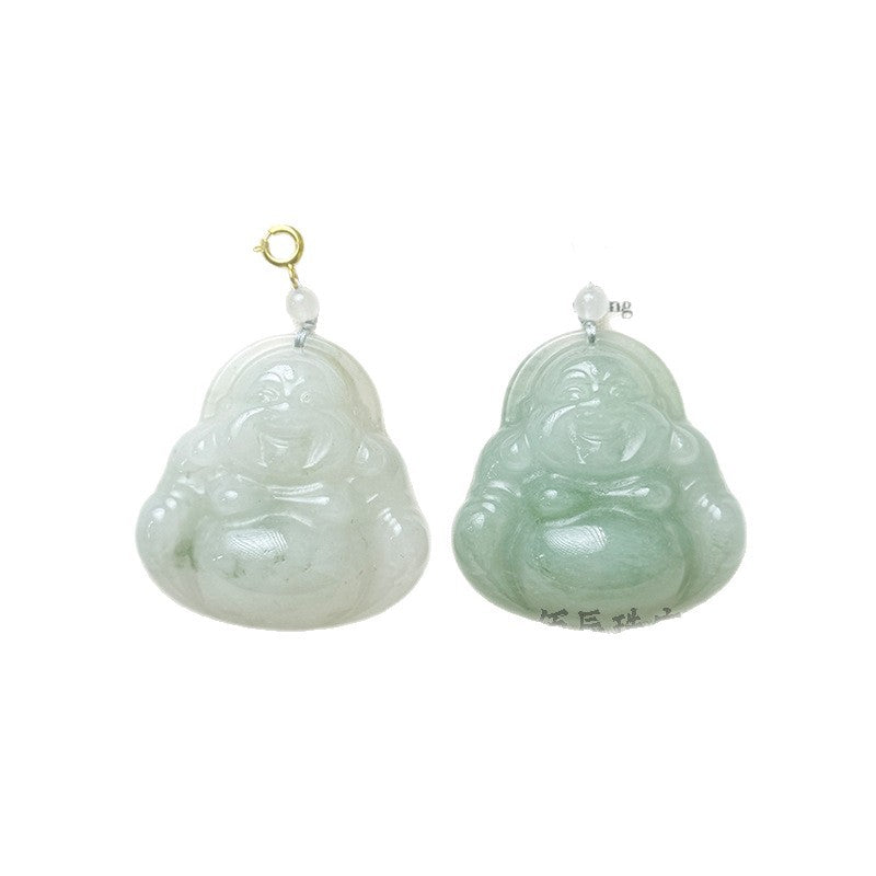 Two Tianshan jade pendants carved in the shape of a smiling Buddha with metal clasps