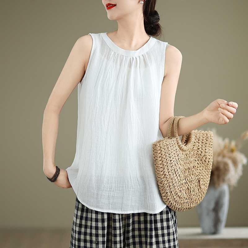 Women's Summer Wrinkles Simple Design Crew Neck Sleeveless Vest Waistcoat