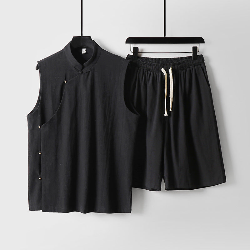 Men's Cotton Linen Vest and Shorts Set, Chinese Style Sleeveless Top