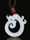 Jade Dragon Pendant Necklace, White and Green Jade Amulet
