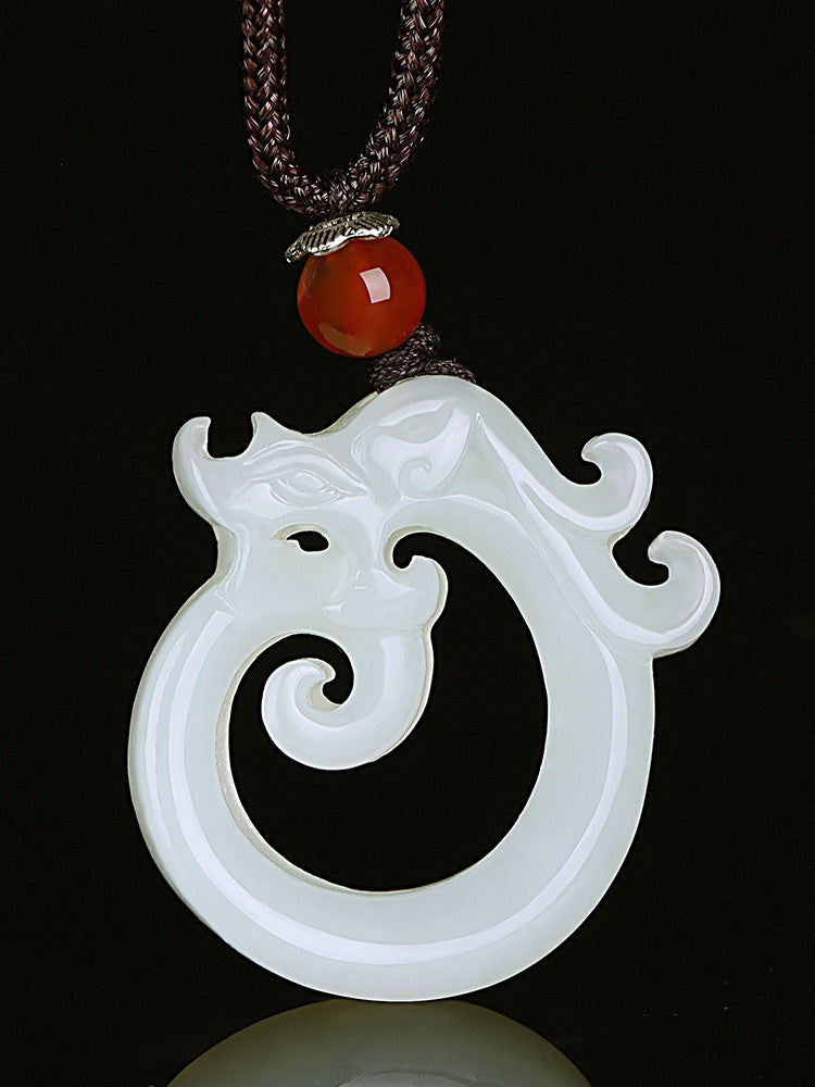 Jade Dragon Pendant Necklace, White and Green Jade Amulet