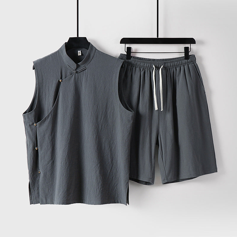 Men's Cotton Linen Vest and Shorts Set, Chinese Style Sleeveless Top