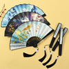 Three open Chinese style folding fans with different nature and mythological designs and black tassels