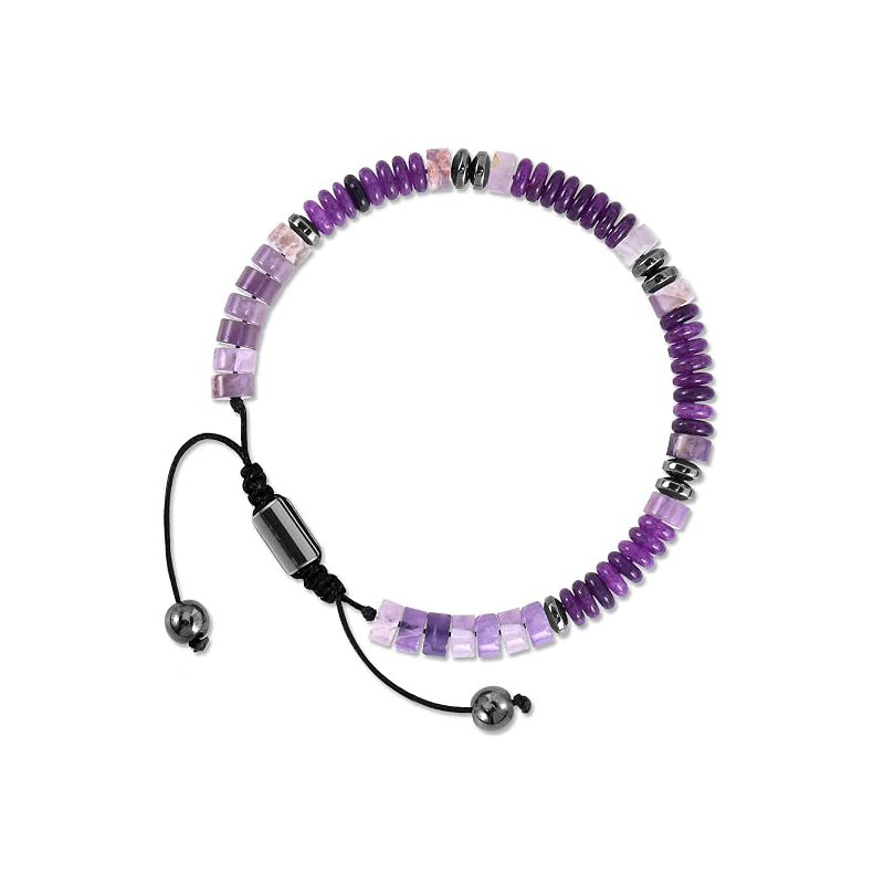 Close up of a purple natural stone abacus bead bracelet on a black cord