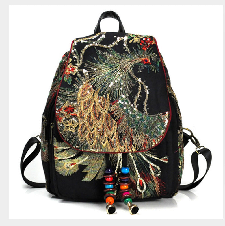 Peacock Embroidery Canvas Tassel Backpack