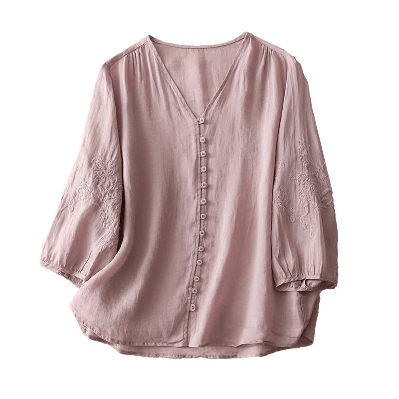 Pink cotton linen women's shirt with embroidery and buttons