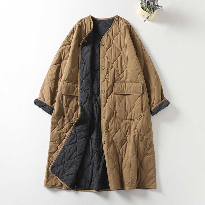 Women's Long Sleeve Cotton Coat With Pockets, Quilted V-Neck