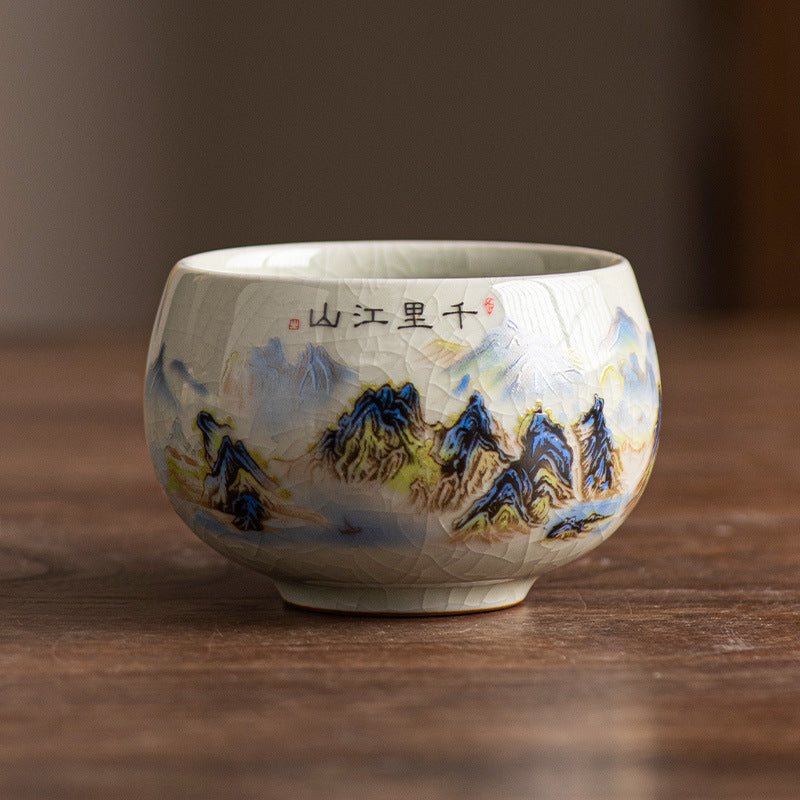 Ru Kiln Ceramic Teacup with Landscape or Calligraphy