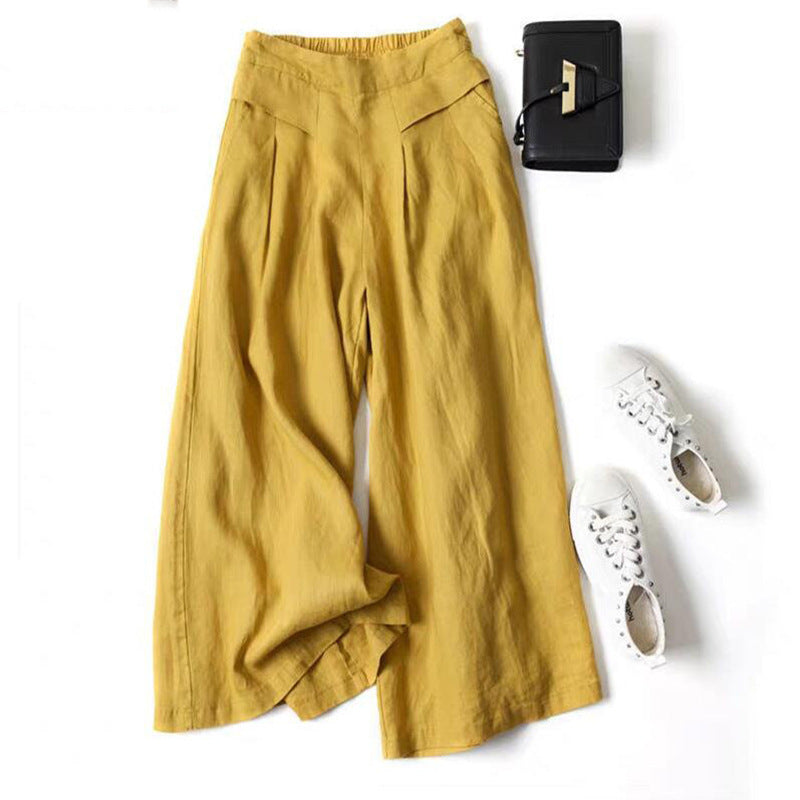 Women's Wide Leg Pants Cotton Linen High Waist Trousers With Pockets
