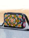 Black canvas crossbody bag with colorful circular floral embroidery