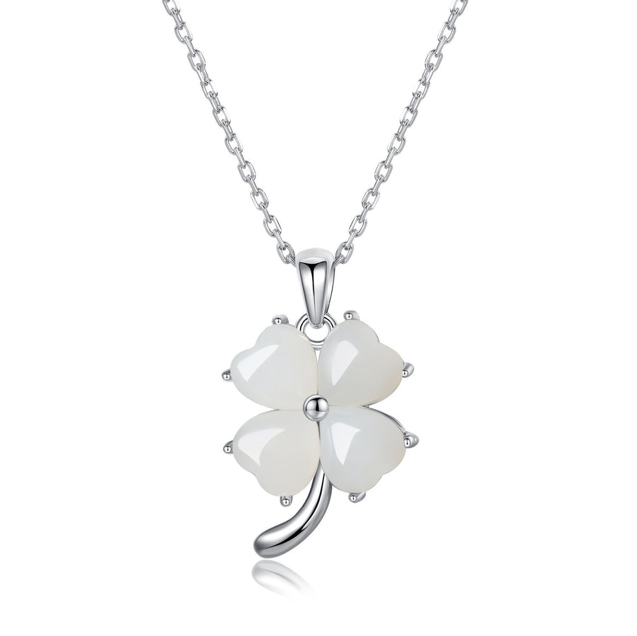 Four Leaf Clover Necklace with Hetian Jade and Sterling Silver