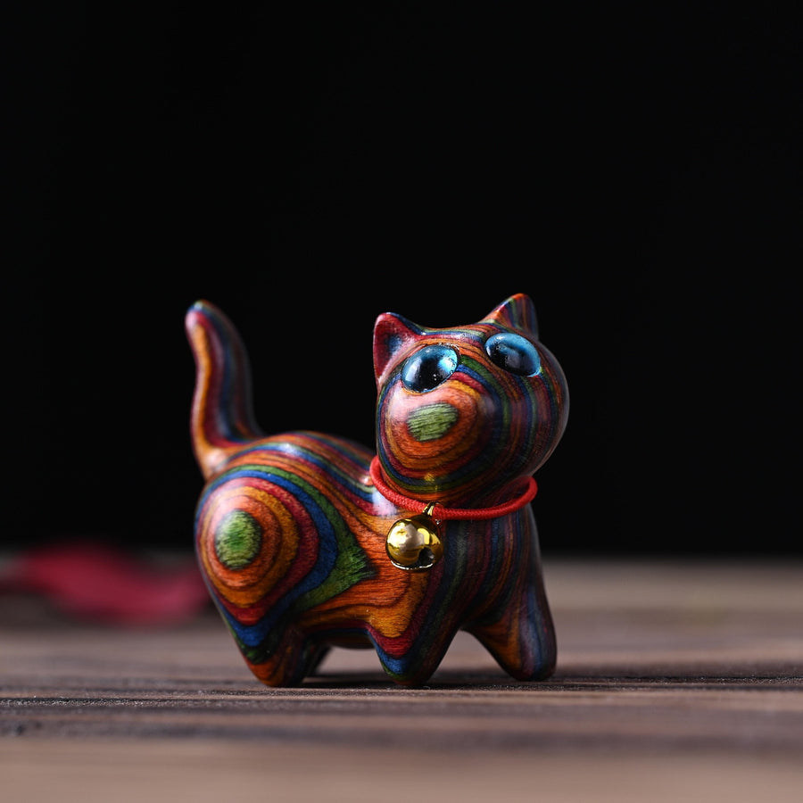 Hand-Carved Rainbow Wood Cat Figurine