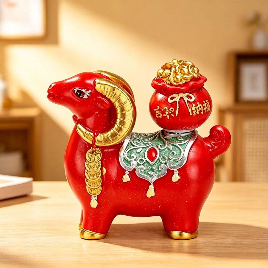 Resin Goat Figurine with Fortune Bag or Treasure Bowl