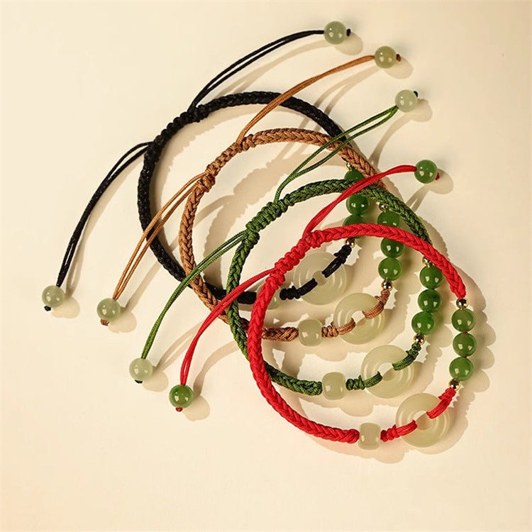 Hetian Jade Peace Buckle Red String Protection Luck Bracelet