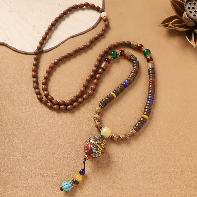 Handmade Wood Bead Necklace with Alloy Pendant