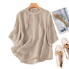 Beige women's short sleeve shirt with stand collar on hanger