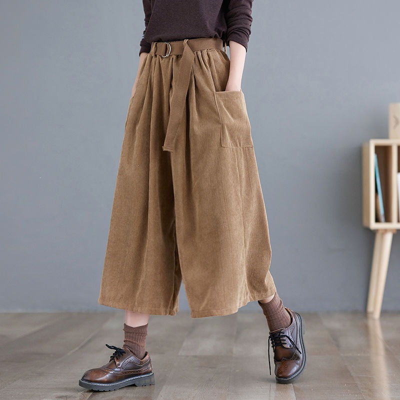 Women's Wide Leg Corduroy Pants With Pockets Belt