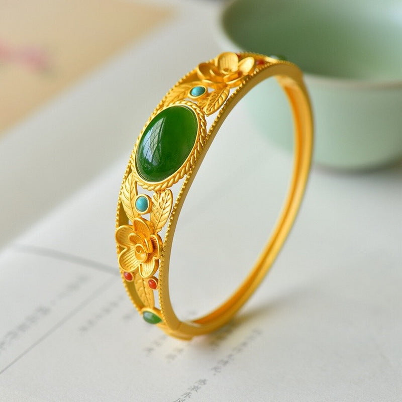 Jade Flower Leaf Harmony Luck Bracelet Bangle