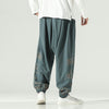Men's Harem Pants with Cloud Embroidery, Cotton Linen Drawstring Trousers