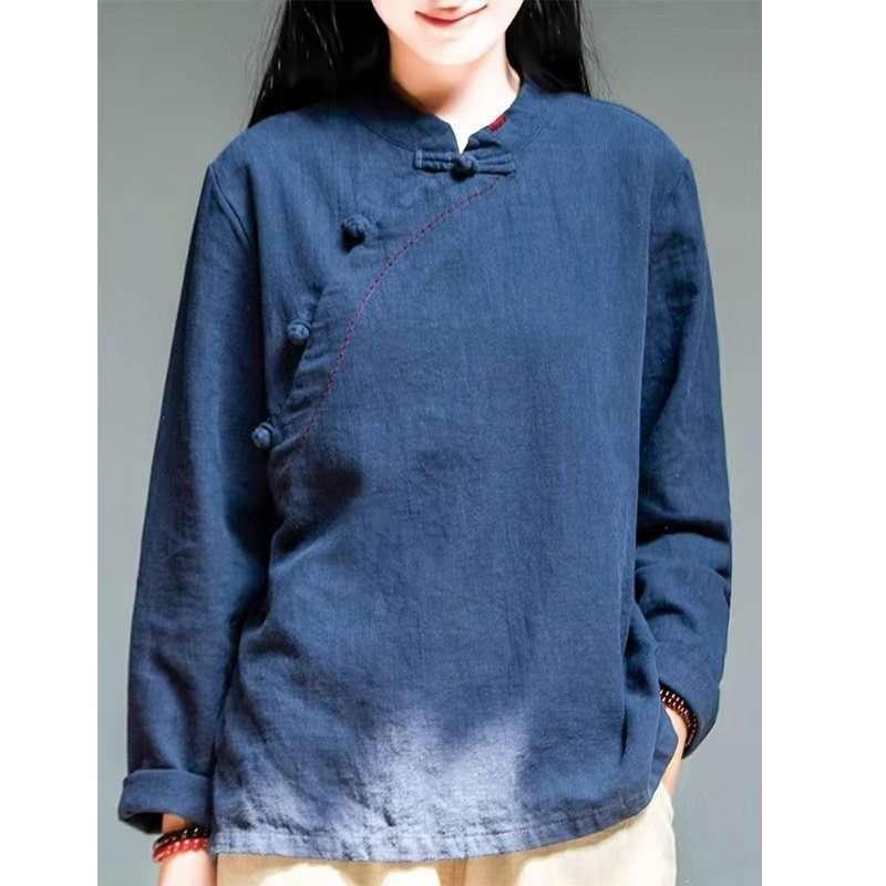 Women's Cotton Linen Oblique Collar Shirt with Knot Buttons