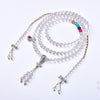 Clear quartz 108 bead mala with colorful accent beads and silver tone counters