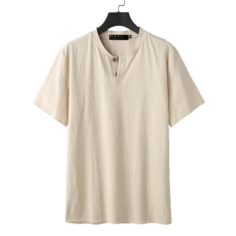 Men's Linen Blend Short Sleeve Shirt Loose Notched Neck Top