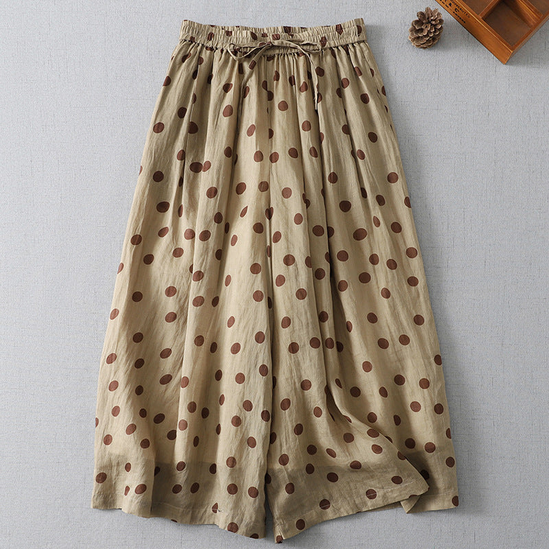 Two pairs of wide leg polka dot pants in black and khaki lying flat