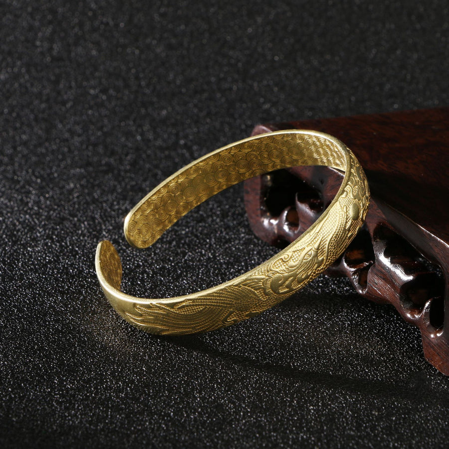 Brass Dragon and Phoenix Cuff Bangle, Vintage Chinese Style