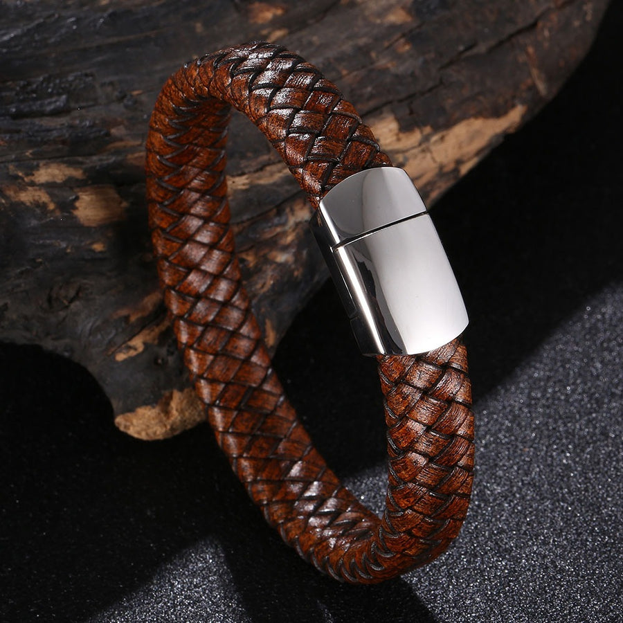 Braided Leather Bracelet with Stainless Steel Clasp