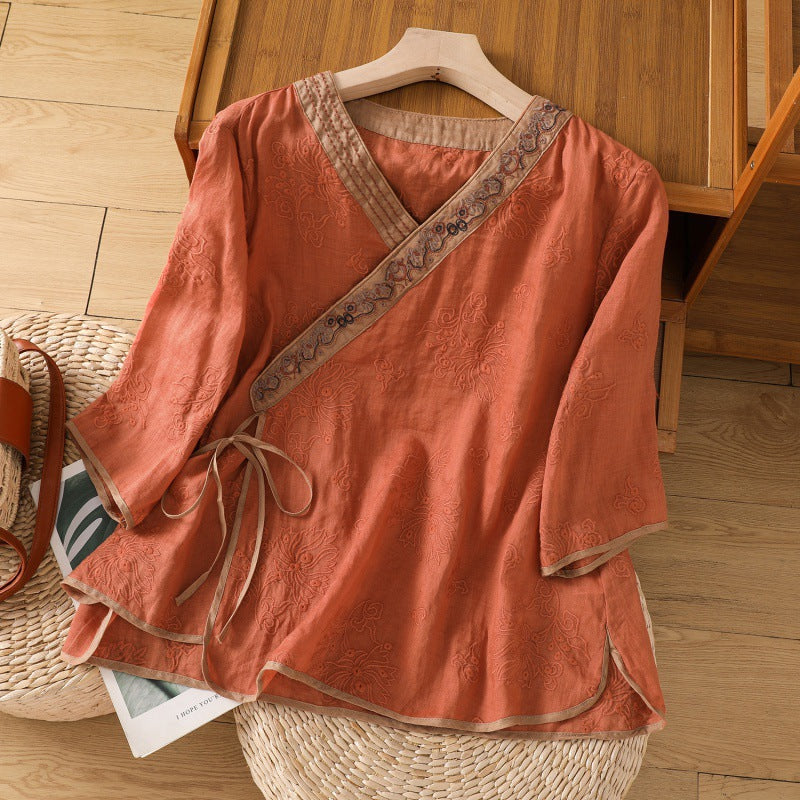 Summer Vintage Embroidery Plant Floral Lace-Up Design V-Neck Women's Cotton Shirt