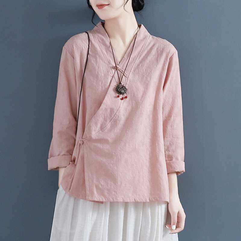 Women's Long Sleeve Cotton Linen Zen Shirt with Frog Buttons