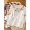 Cotton Linen Embroidered T-shirt Women's Crew Neck Three Quarter Sleeve Top